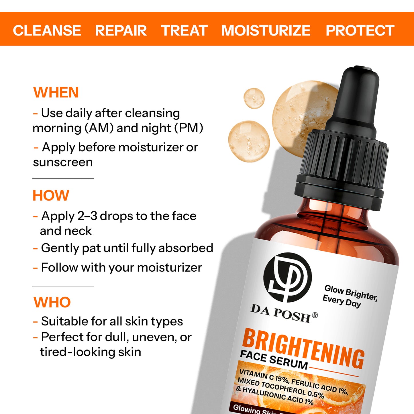 DA POSH Vitamin C Brightening Face Serum | Fades Dark Spots & Boosts Radiance