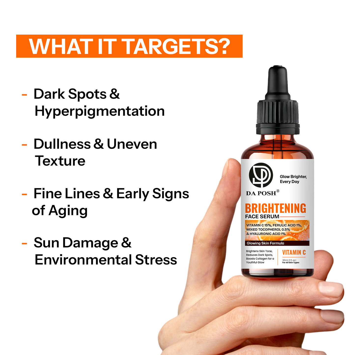 DA POSH Vitamin C Brightening Face Serum | Fades Dark Spots & Boosts Radiance