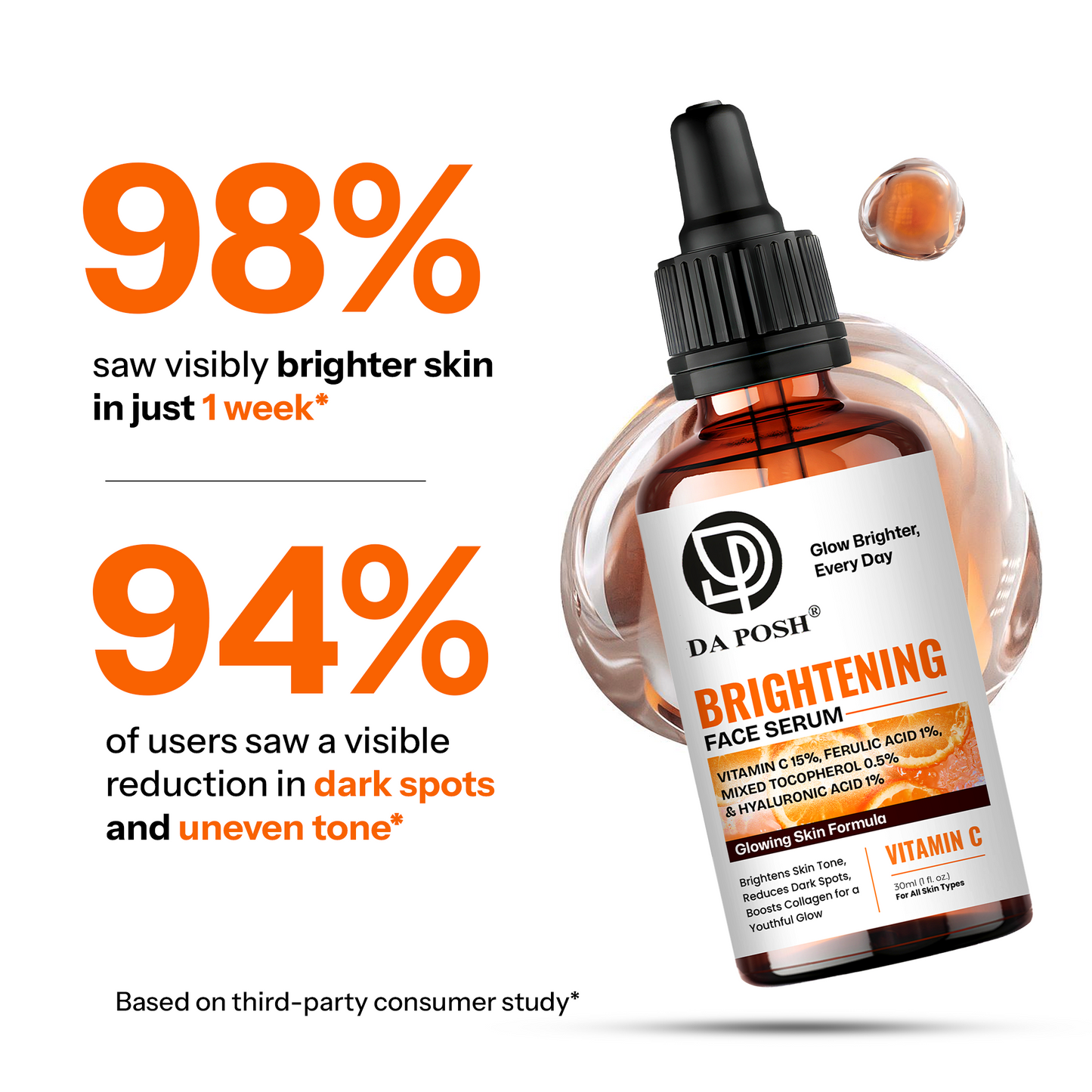 DA POSH Vitamin C Brightening Face Serum | Fades Dark Spots & Boosts Radiance