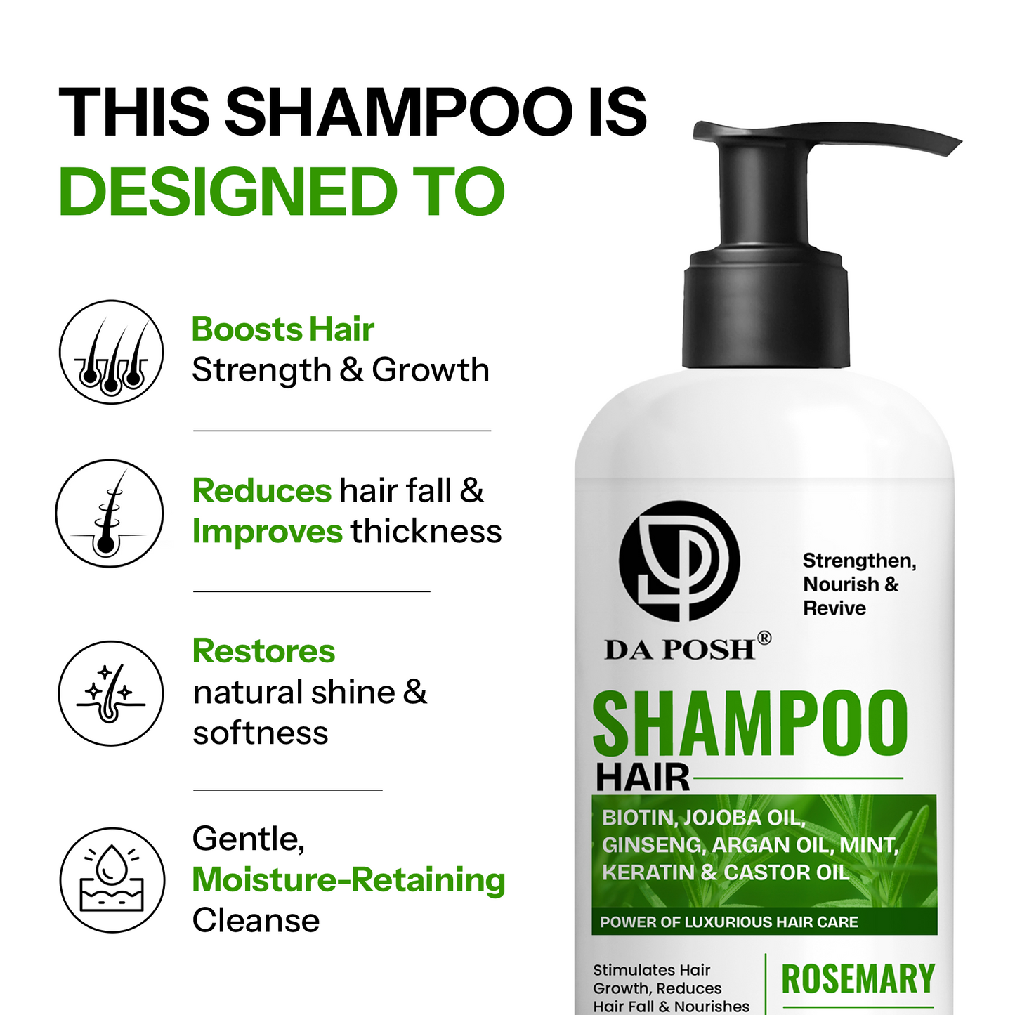 DA POSH Hair Shampoo with Biotin, Rosemary, Argan & Castor Oil | Hair Growth & Hair Fall Control