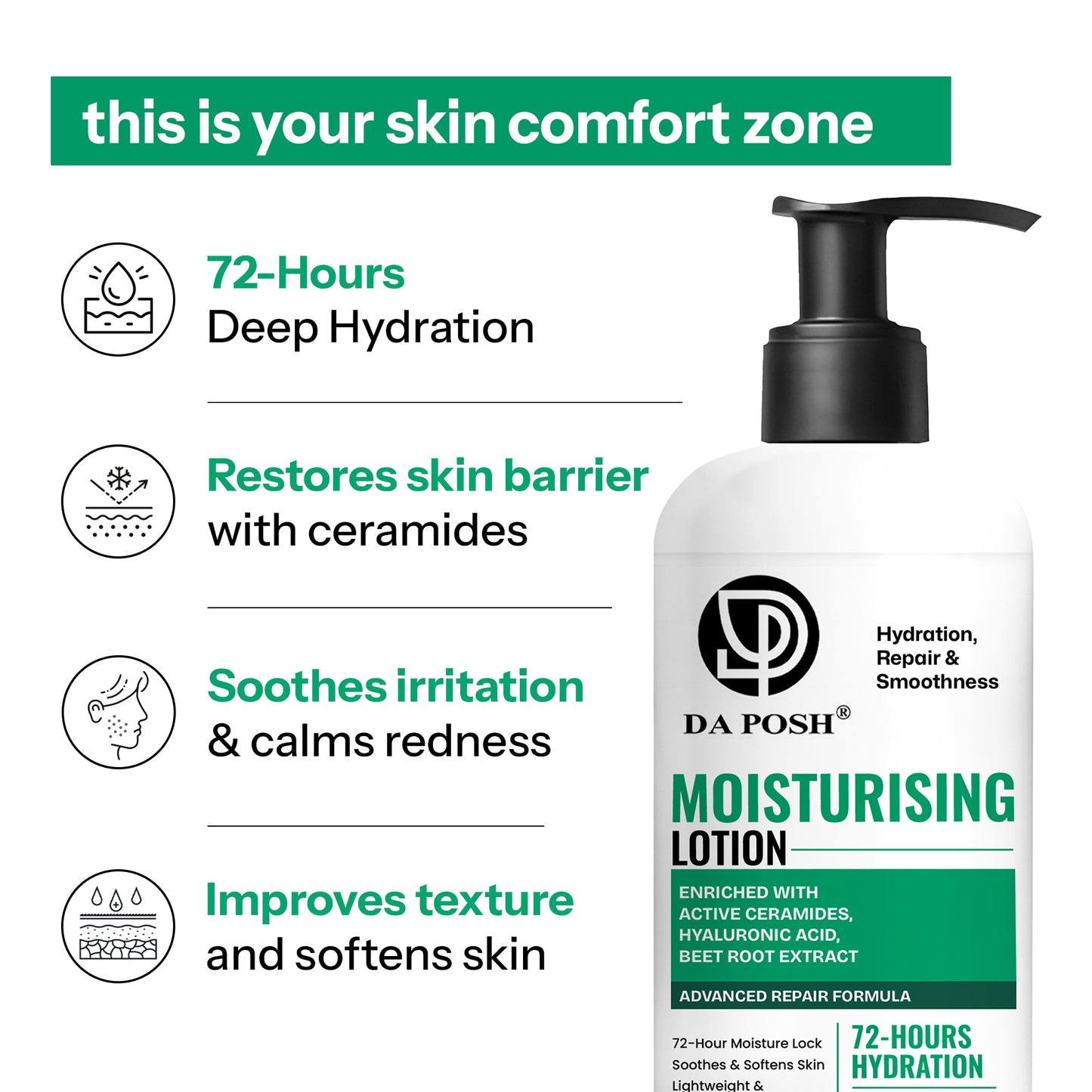 Daposh Moisturising Lotion with Ceramides | 72-Hour Hydration, Repair & Smoothness