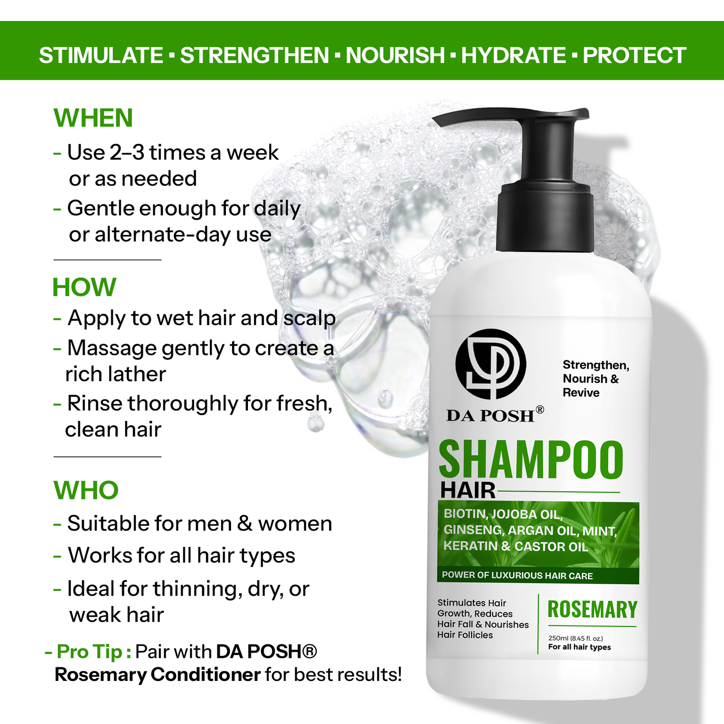 DA POSH Hair Shampoo with Biotin, Rosemary, Argan & Castor Oil | Hair Growth & Hair Fall Control