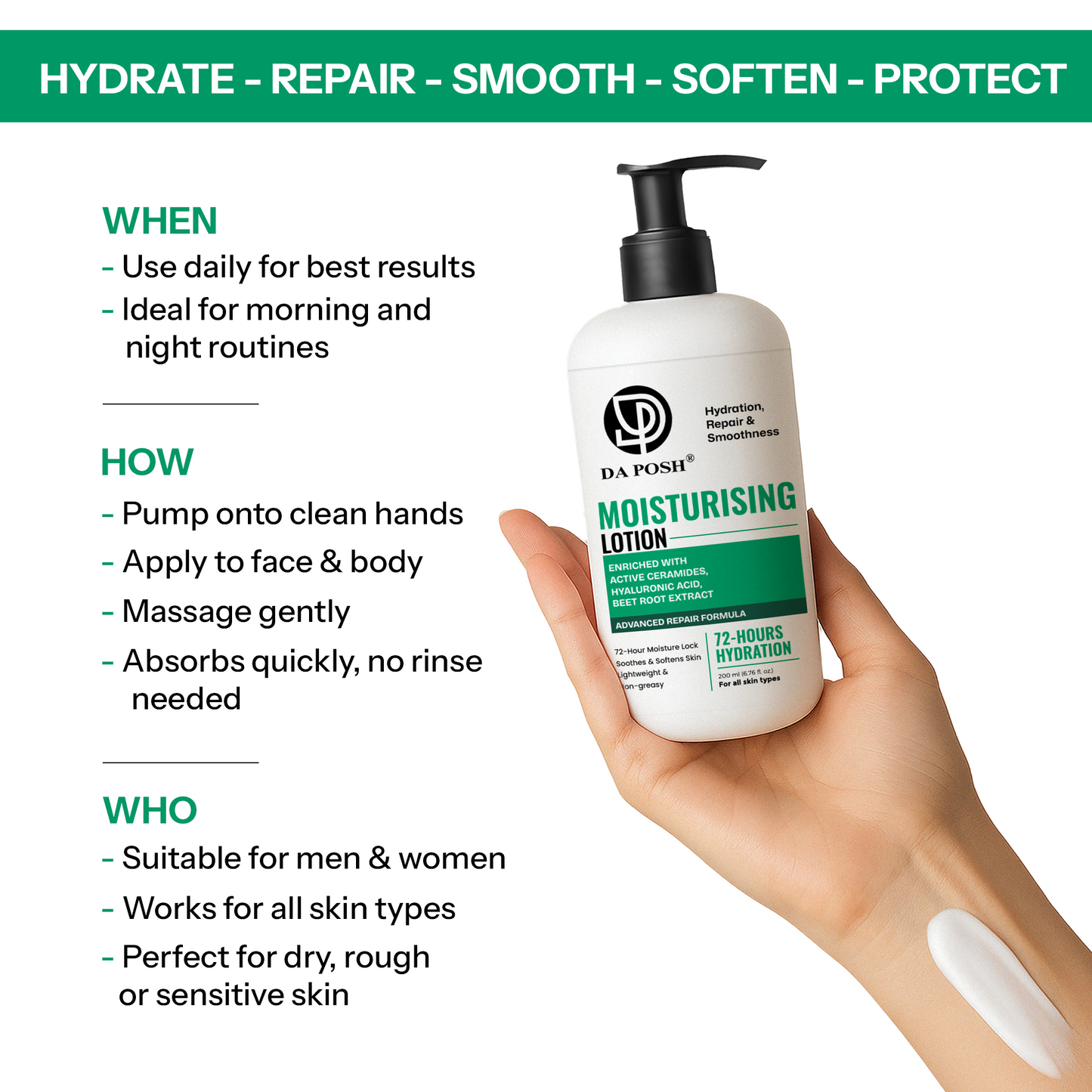 Daposh Moisturising Lotion with Ceramides | 72-Hour Hydration, Repair & Smoothness